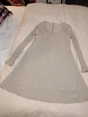 Bo.Bel Ribbed Knit Dress Long Sleeve Fit Flare Mini Tan Beige Back Zipper Casual
